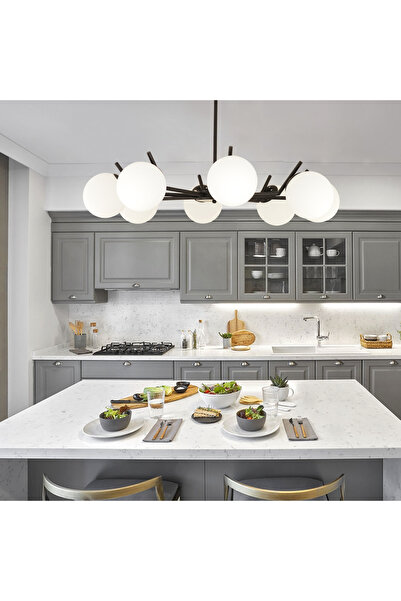 Apliqa Sara 8Li Siyah Beyaz Camlı Modern Genç Odası Yemek Masası Üstü Retro Salon Avize