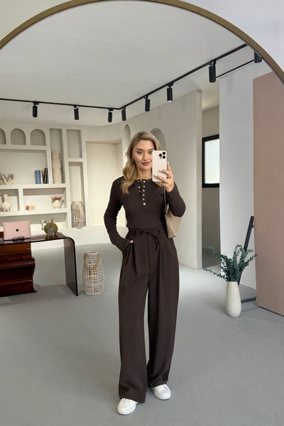 Sezgi Tekin Bel Lastikli Bağlama Detay Kahve Pantolon