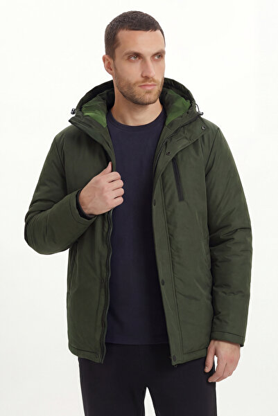 D1fference Erkek Kapüşonlu Rüzgar Geçirmez Haki Şişme Elyaf Dolgulu Uzun Kışl...