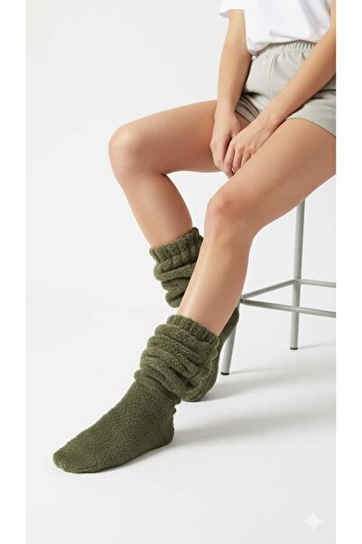 SUERTO Wellsoft Peluş Diz Altı Ev Çorabı Uzun Çorap Patik Kışlık Unisex HAKİ