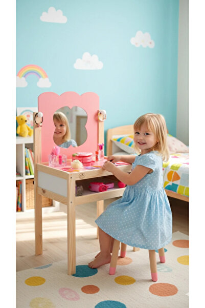 Masal Oyuncak Ahşap Çocuk Güzellik Makyaj Masası Tabüreli