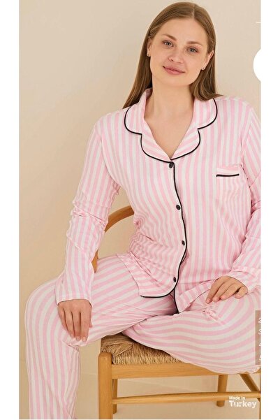 Ladnie iç giyim Pamuklu çizgili pijama takımı