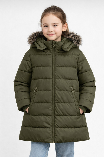 REGOS Girl's Khaki Puffer Coat Hooded Fur Winter Long Model
