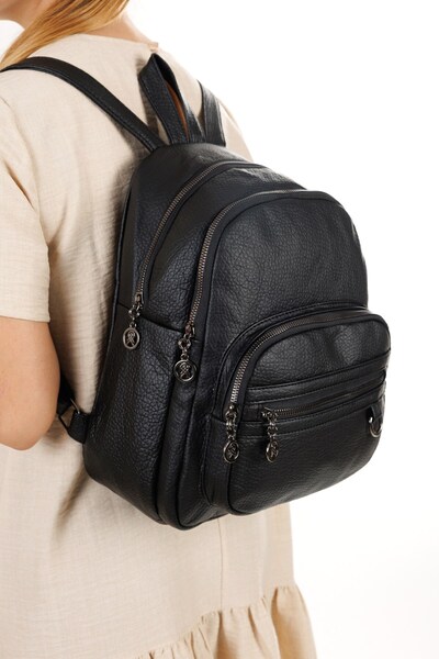 NEWISH POLO ACCESSORIES Kadın Yıkama Deri Çok Bölmeli Sırt Omuz Okul Ve Seyehat Çantası - Siyah