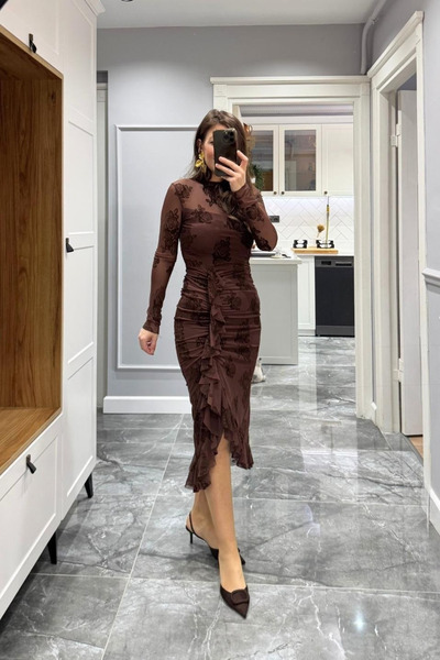 My Blog Brown Patterned Draped Dress - 251143