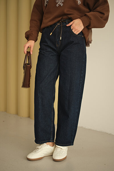 LOCCO Γυναικείο τζιν παντελόνι με κορδόνι μπλε