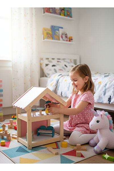 Masal Oyuncak Montessori Ahşap 2 Katlı Oyuncak Bebek Evi