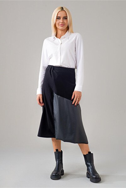 Bold & Young Жіноча чорна штучна спідниця з комбінованим поясом на резинці та...