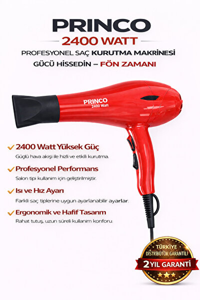 Princo مجفف شعر احترافي وتصفيف الشعر ومجفف شعر 2400 واط أحمر PR-925