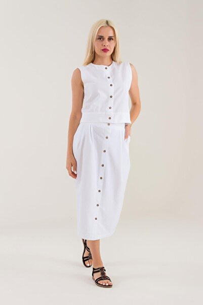 Bold & Young Жіноча біла спідниця з плісировкою, застібкою спереду та кишенями, з бавовняної тканини