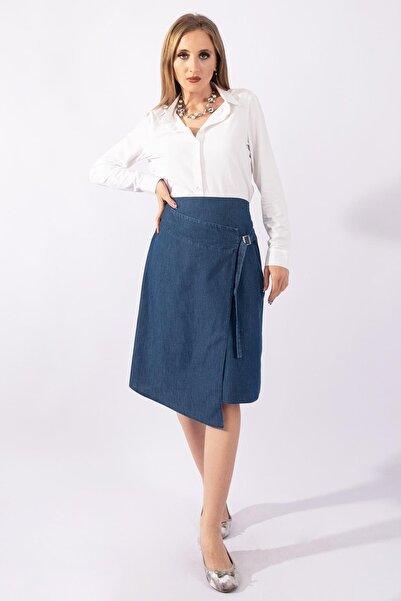 Bold & Young Women's Wrap Waist Elastic Buckle Denim Skirt Indigo