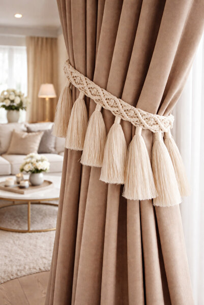 ME TERRA Bir Adet Makrome Perde Tutacağı Krem Renkli Makrome Perdelik