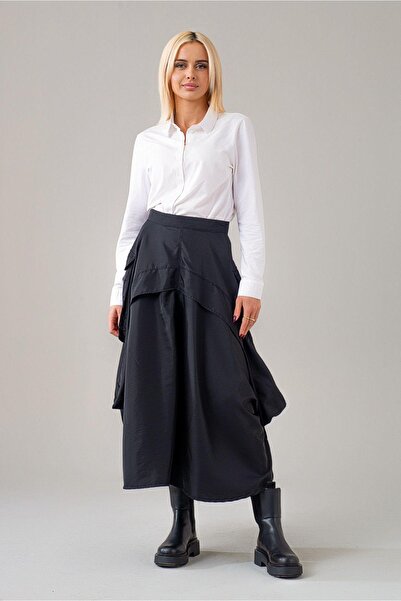 Bold & Young Fustă neagră din material parașuta cu fermoar cu margine cargo p...