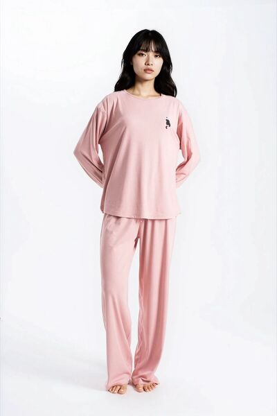 Ecrou Women's Powder Report Ribbed Knit Texture Seoul Long Sleeve Top Pants Pajama Set