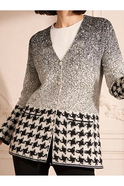 TEK Trico Model Houndstooth Modern Young Mother Cardigan / Black Stone