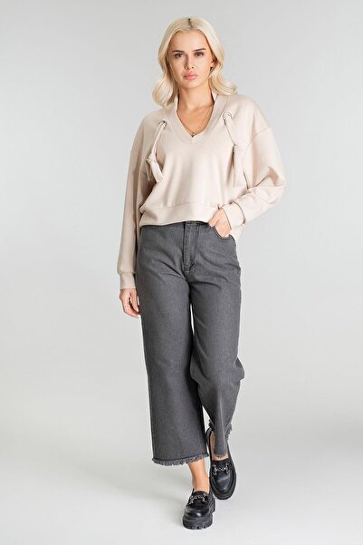 Bold & Young Жіночий модальний купра тканинний светр з шнурком бежевого кольору