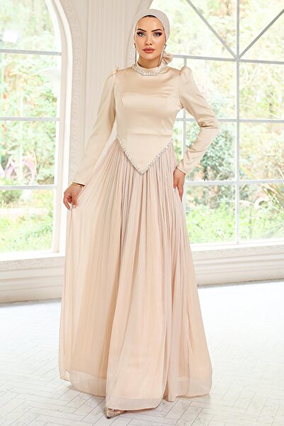 Olcay Steindetaillierter Rock, plissiertes Abendkleid aus Satin und Yoryo-Seide, CREAM 1046