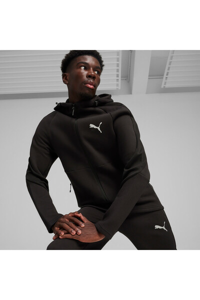 Puma جاكيت رياضي رجالي بغطاء رأس وسحاب كامل من Evostripe - أسود