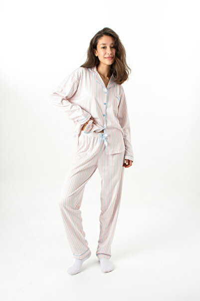 Ecrou Women's Powder Striped New Start Peter Pan collar Long Sleeve Trouser Pajama Set