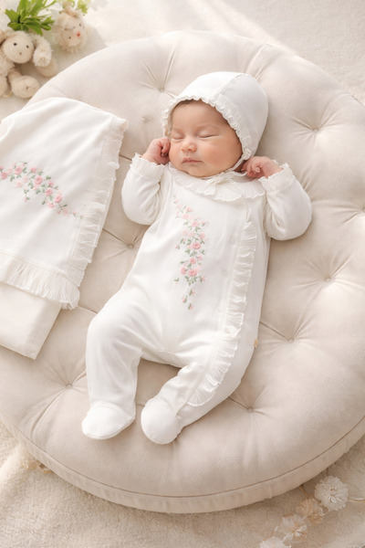 Mert Baby Pliseli Çiçek Nakışlı 3'lü Organik Hastane Çıkış Seti %100 Pamuk Ye...