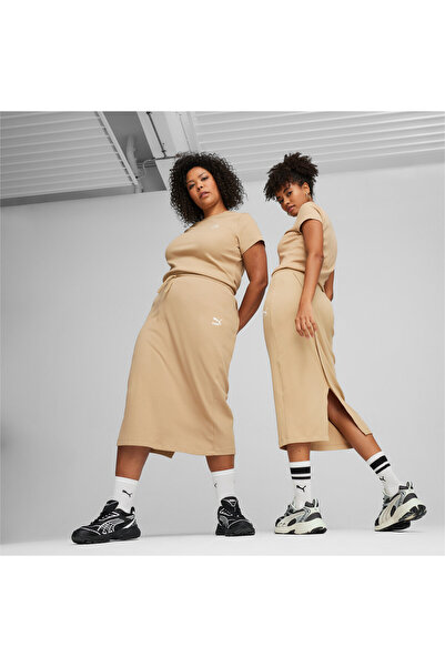 Puma تنورة ميدي مضلعة كلاسيكية نسائية - بيج