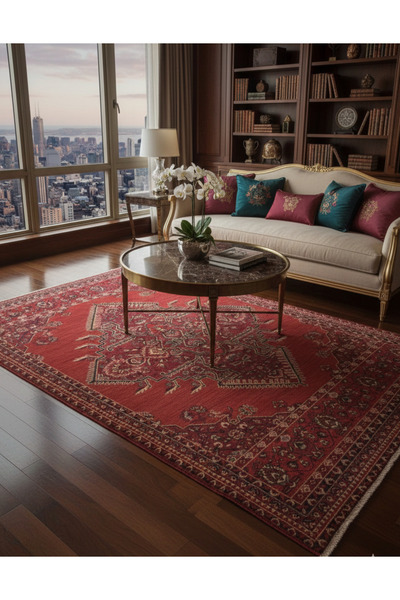 Al Kaffary Carpet سجادة تيماء، سجادة على الطراز العربي التقليدي، صنع في المملكة العربية السعودية، مناسبة لجميع المساحات، لون أحمر