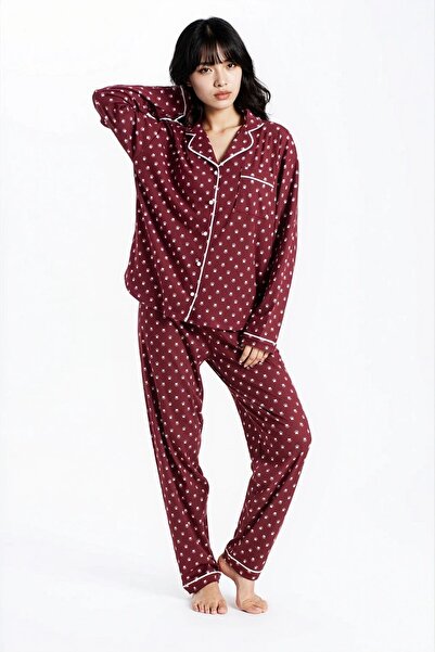 Ecrou Women's Burgundy Pari Reported Ribbed Knit Texture Seoul Long Sleeve Top Pants Pajama Set