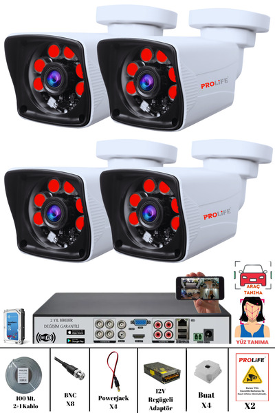 PROLİFE 4lü 5 Mp Full Hd Güvenlik Kamerası Seti Yüz Ve Araç Tanıma Özellikli Kamera Sistemi