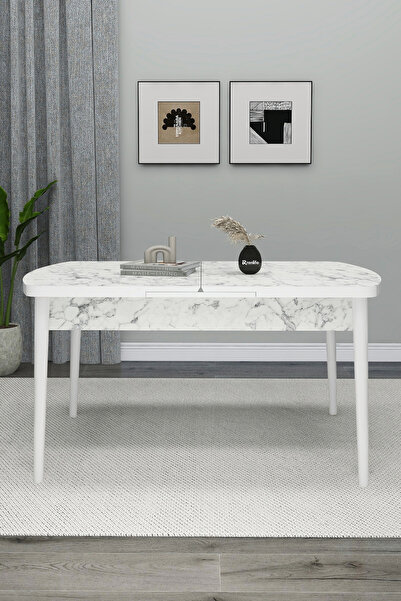 Renlife MUTFAK MASASI AÇILIR MASA BEYAZ MERMER DESENLİ 6 KİŞİLİK (NEW CARRARA)