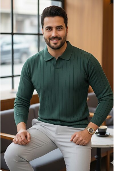 LİBASSİNİ Men's Open Collar Sports Fit Sweater Green