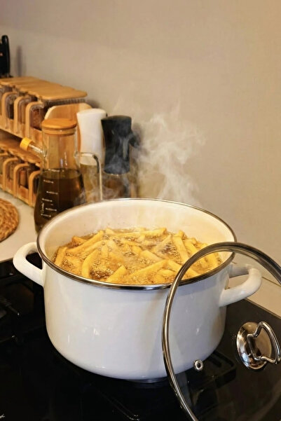 MAKRİ HOME Emaye Tencere, Fritöz, Cam Kapaklı – 22 cm Çap, 3,5 Litre Hacim