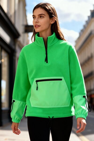 TOMMY LIFE Neon Yeşil Etek Ucu Büzgülü Yarım Fermuarlı Oversize Kadın Polar Sweatshirt - 97238