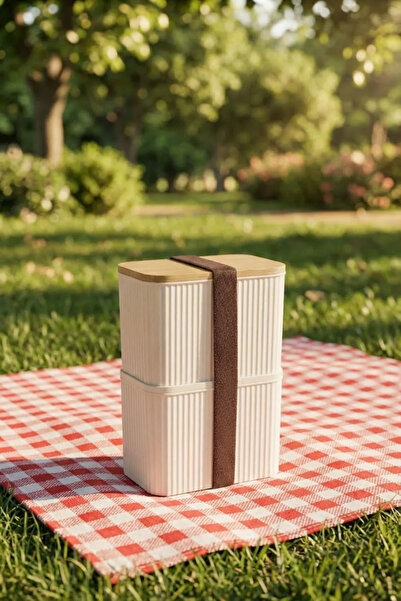 MAKRİ HOME 2 Layer Storage Container Set with Bamboo Lid - 2X1 Liter