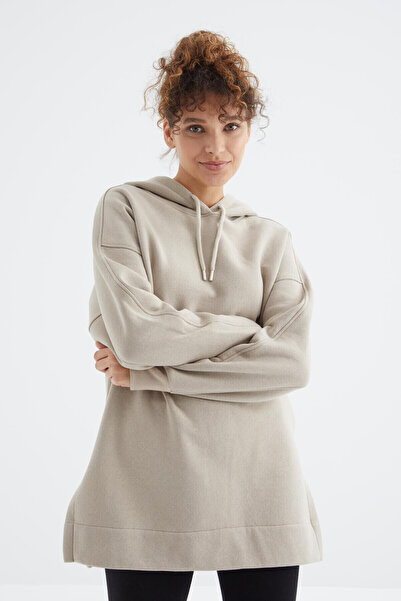 TOMMY LIFE Koyu Bej Reglan Kol Basic Kapüşonlu Oversize Sweatshirt Tunik - 97242