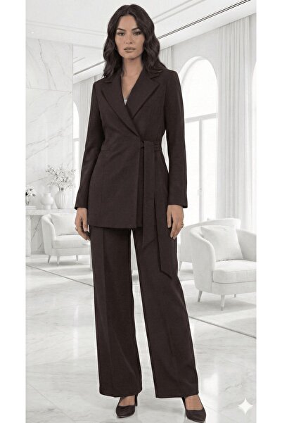 diaves Brown Tie-Up Blazer Jacket & Wide Leg Fabric Pants Suit