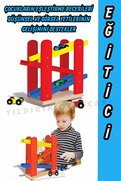YILDIRIM OYUNCAK Ahşap Yarış Arabalı Oyun Rampası 5 Parça Ahşap Otopark 4 Ara...