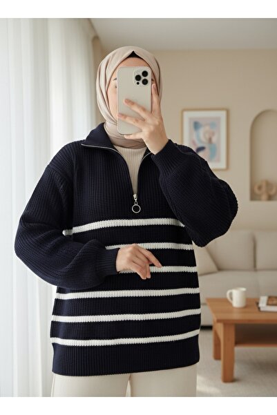 HİJABAYA Pulover din tricot cu dungi laterale cu jumătate de fermoar