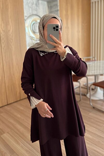 Ka Hijab Kolu Tüllü Premium Rayon Takım - Mürdüm
