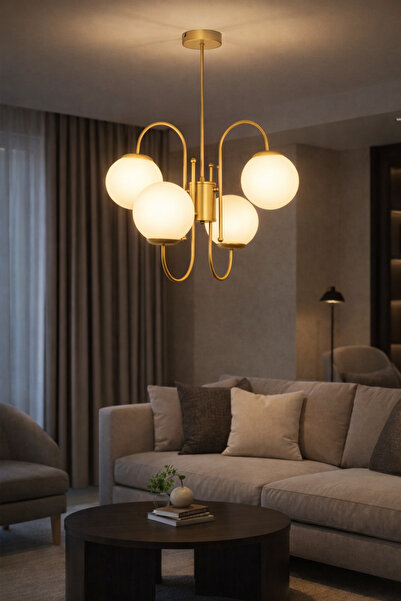 Modavize Rüya Modern Tasarım Salon Yemek Odası Mutfak Eskitme Renk Beyaz Camlı Sarkıt 4 Lü Avize