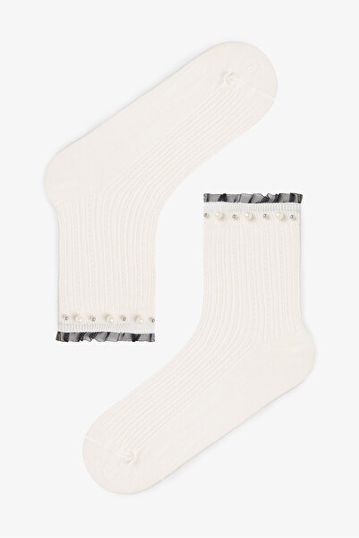 Penti Pamuklu Bilek Kısmı İnci Detaylı ve Tül Fırfırlı Soket Çorap