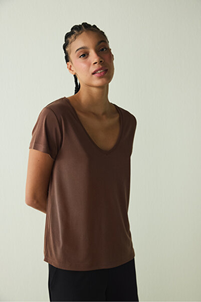 Penti Cappuccino Modal-T-Shirt mit V-Ausschnitt und kurzen Ärmeln