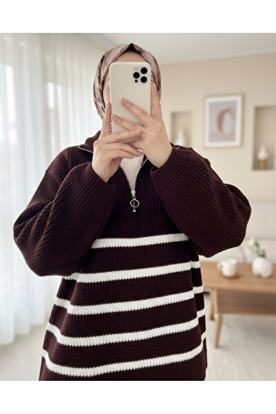 HİJABAYA Pulover din tricot cu dungi laterale cu jumătate de fermoar