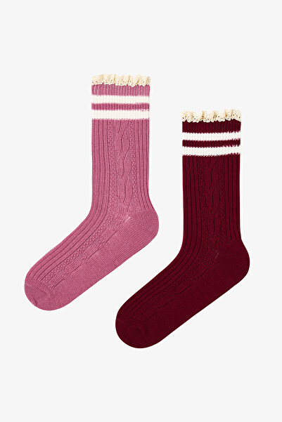 Penti 2 Pairs of Cotton Ankle Socks with Striped Lace Ruffles