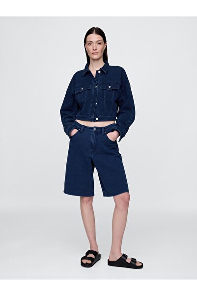 GAP Kadın Lacivert 11" Mid Rise Fransız Havlu Kumaş Denim Şort