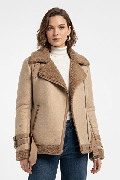 Deriderim Kopen Hakiki Kuzu Kürkü Fermuarlı Biker Kadın Kaban