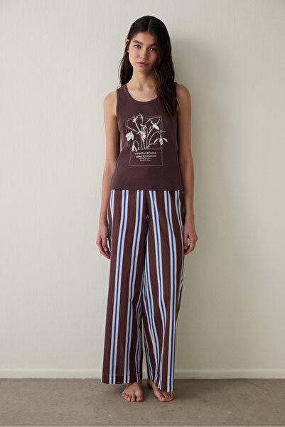 Penti Kahverengi Istanbul Kardeleni Çizgili Bisiklet Yaka Askılı Pamuklu Pijama Takımı - Inspired by Flora