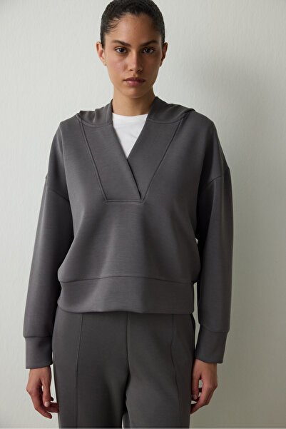 Penti Antrasit Kapüşonlu Modal Crop Sweatshirt
