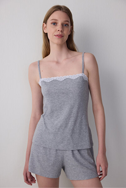 Penti Grau Melange Lilah Spitze Detaillierte Shorts mit verstellbarem Riemen Pyjama Set