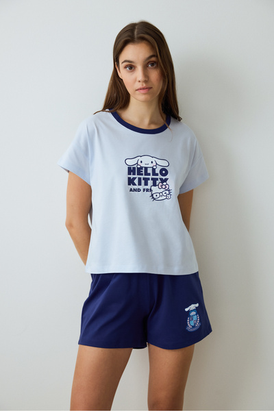 Penti Açık Mavi Sanrio Happy Friends Bisiklet Yaka Pamuklu Kısa Kollu Şortlu Pijama Takımı