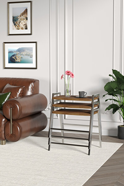 ED Efelez Design Zigon Sehpa , Aden 3'lü Tepsi Zigon Sehpa Takımı Gümüş Metal...